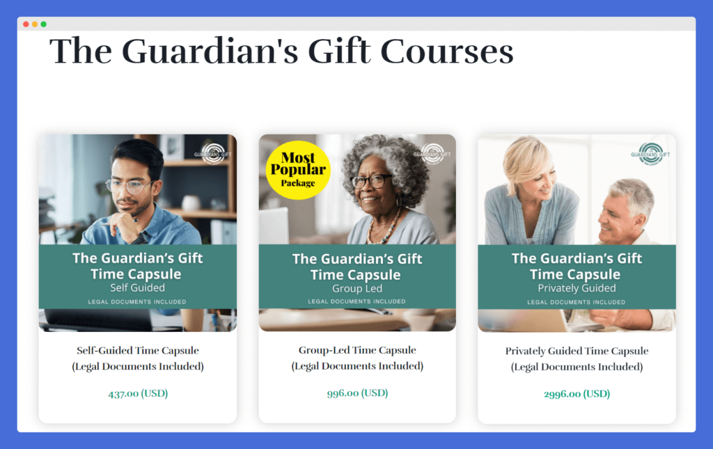 Course Page of The Guardian's Gift Website by Judy Butler