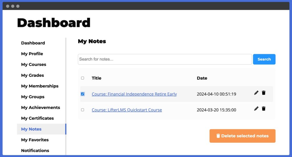 Student Dashboard Notes Management for best student note taking app