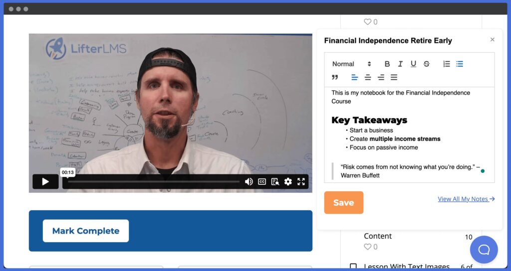 LifterLMS Notes student note taking interface