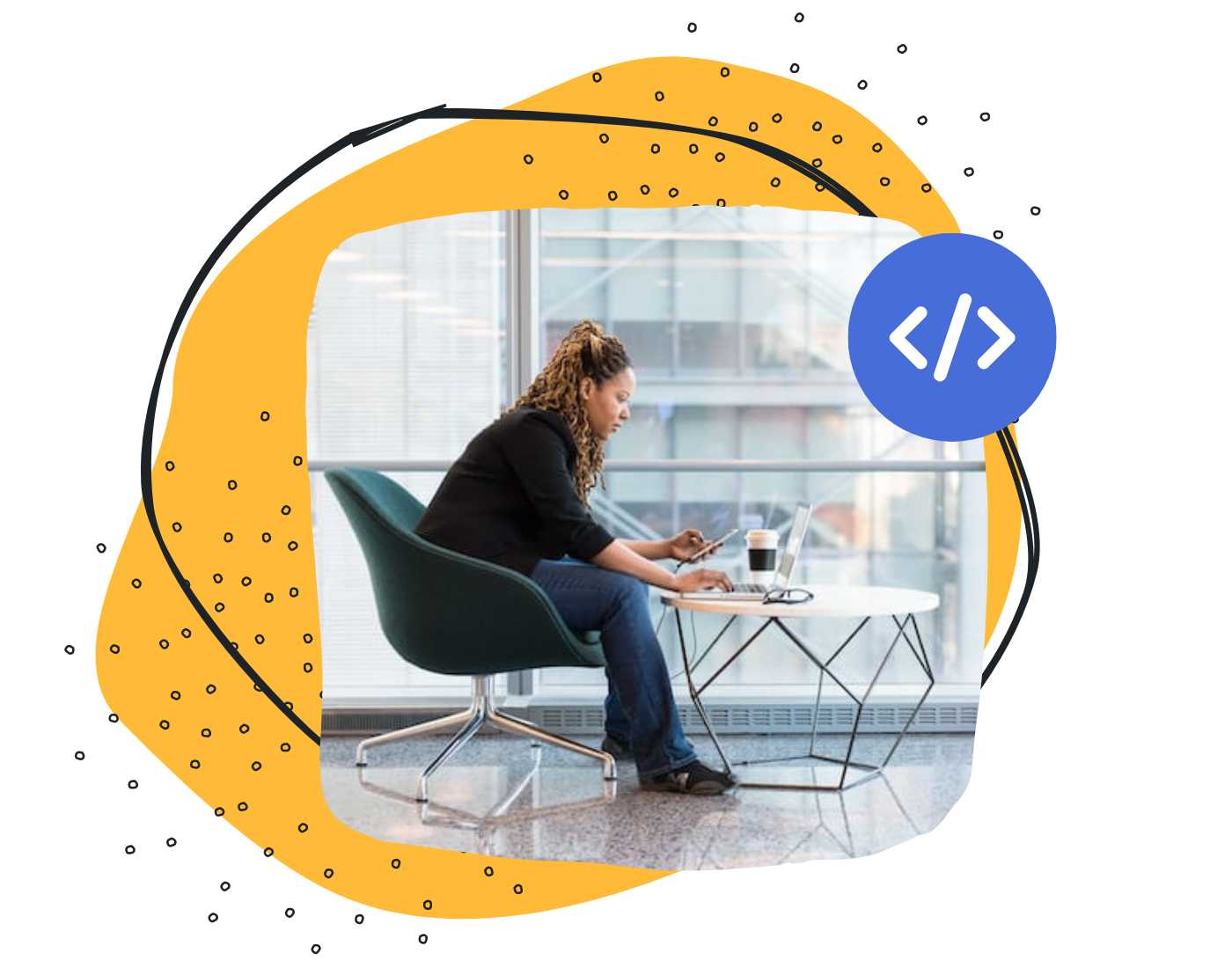 Graphic with a yellow organic shape, coding icon, and a photograph of a person side profile sitting at their computer