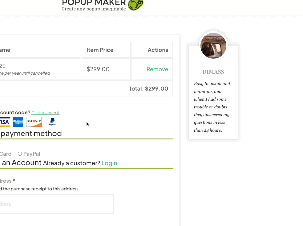 Animated GIF of the abandoned cart popup on Popup Maker’s checkout page