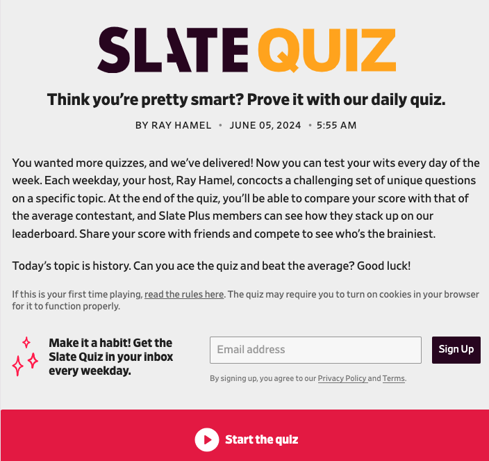 Slate Magazine’s daily quiz sign-up form.