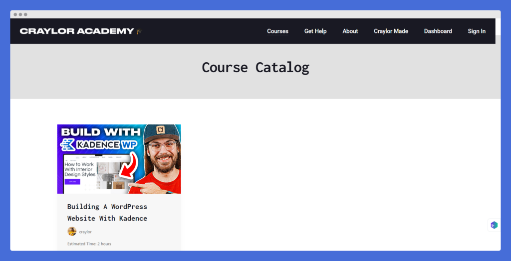 Craylor Academy Course Catalog page using LifterLMS for online courses