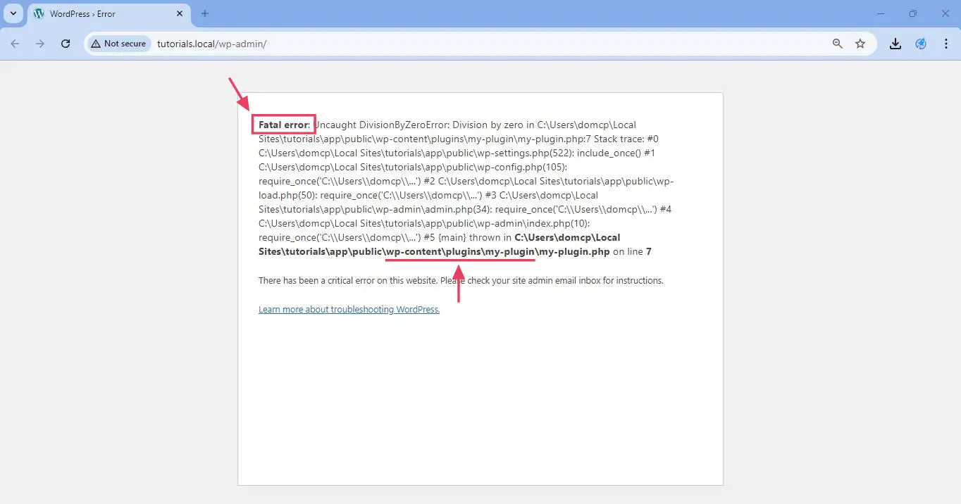 Once both are enabled, you will see the fatal error or parse error that is crashing your site when you try to access wp-admin.