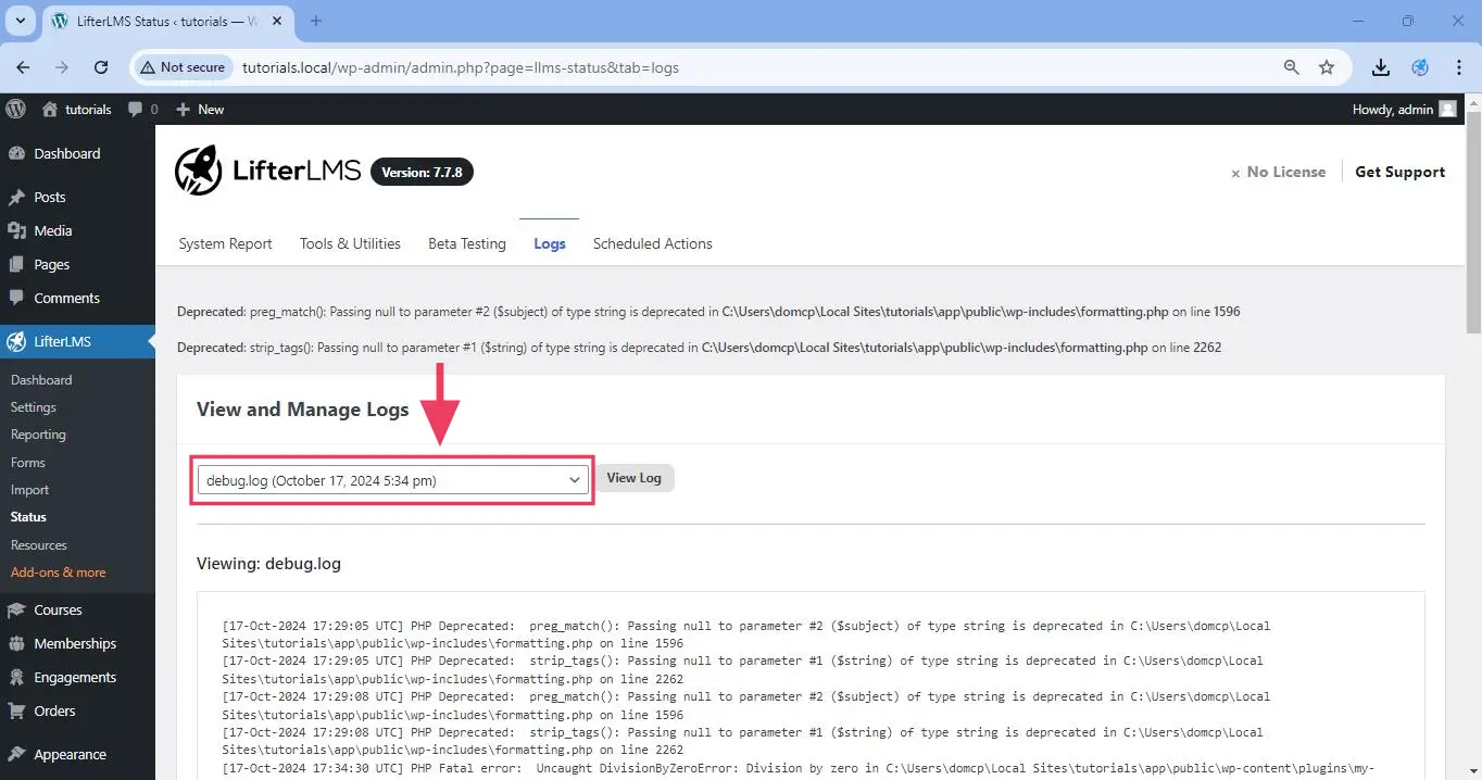 Once both debug mode and debug logging are enabled, navigate to LifterLMS > Status > Logs > View and Manage Logs and look for any debu.log or error.log or other similarly named log files in the dropdown.