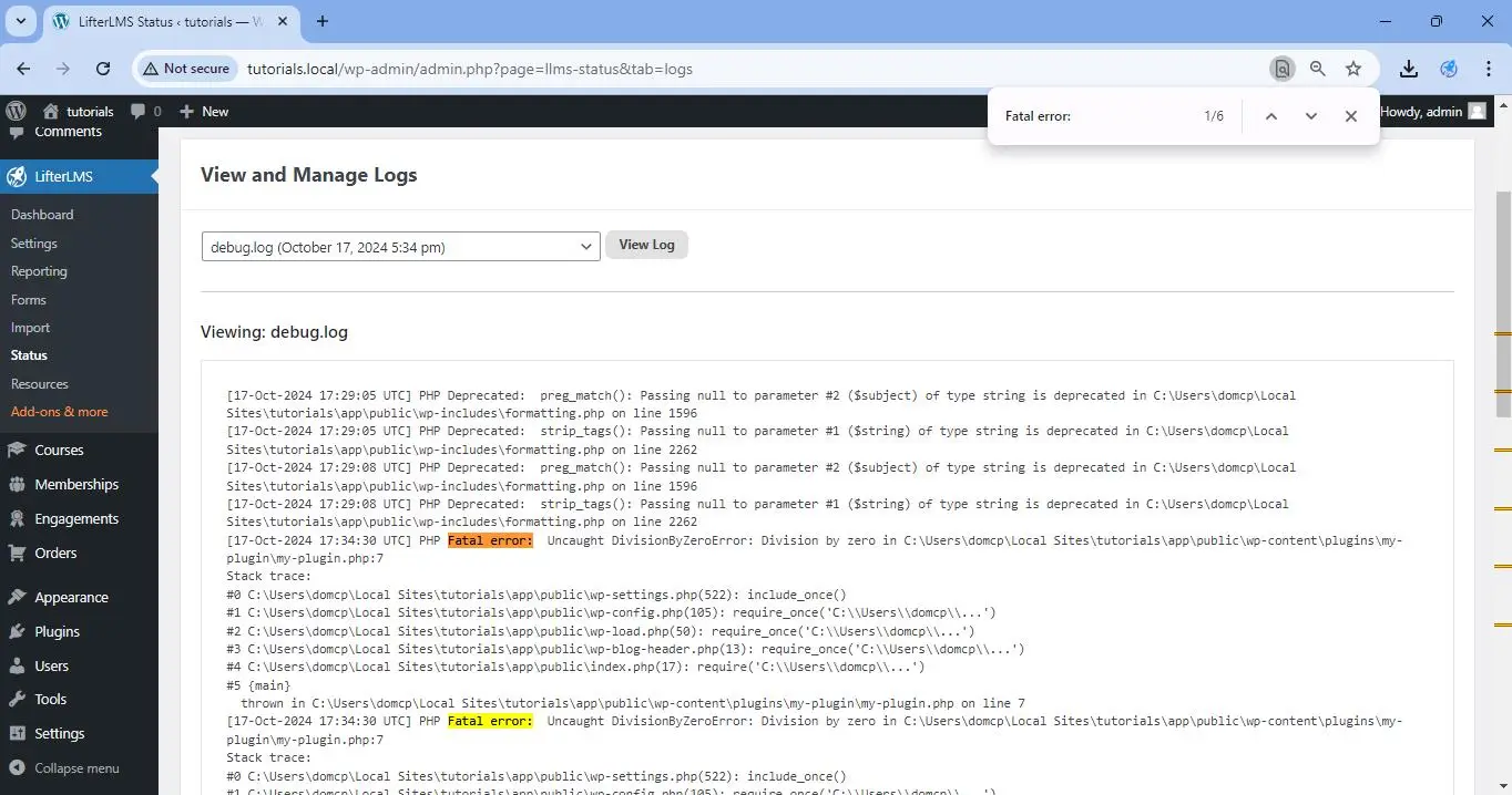 Once the log file is loaded, search for any Fatal error or Parse error in the log file using the Ctrl + F command in Windows or Command + F in macOS.