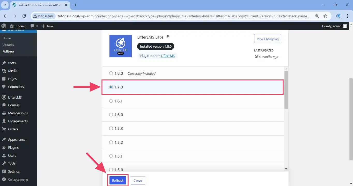 Select the version of the plugin that you want to downgrade or upgrade to