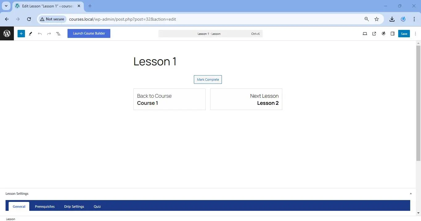 Lesson page in the block editor