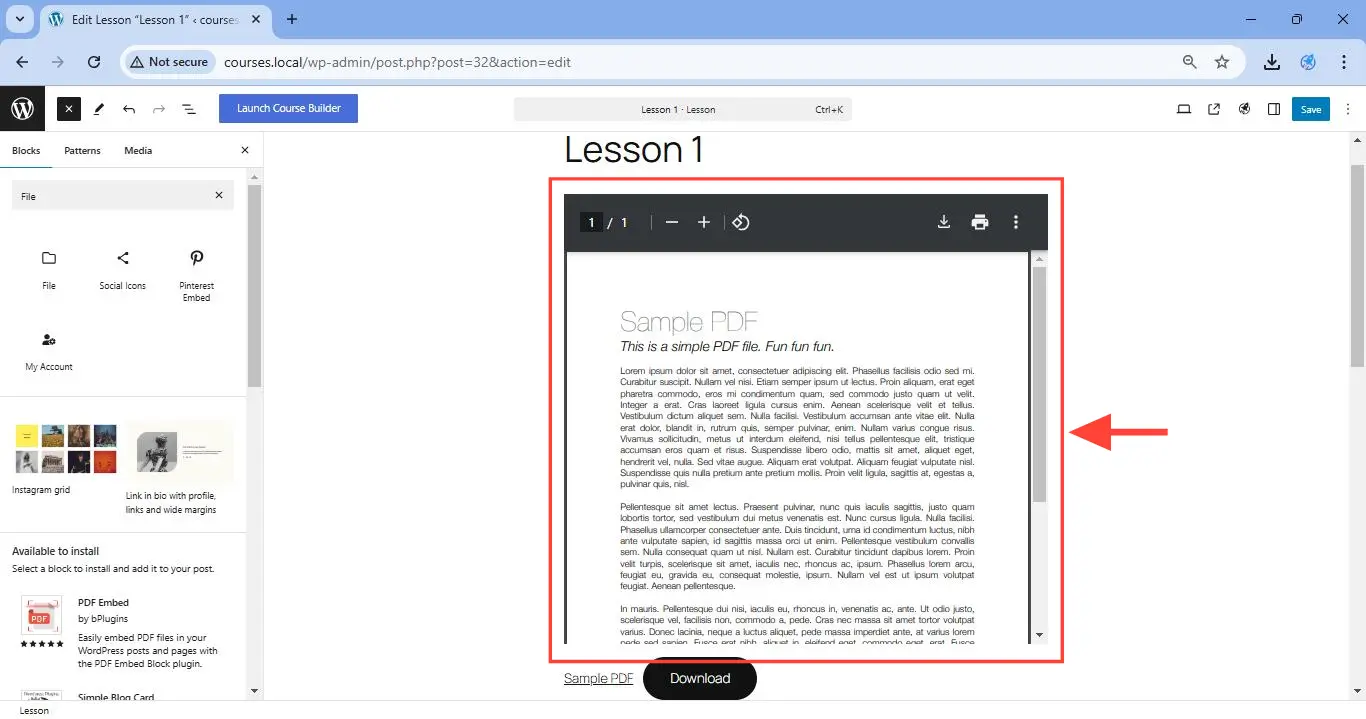 PDF file inserted to the lesson page