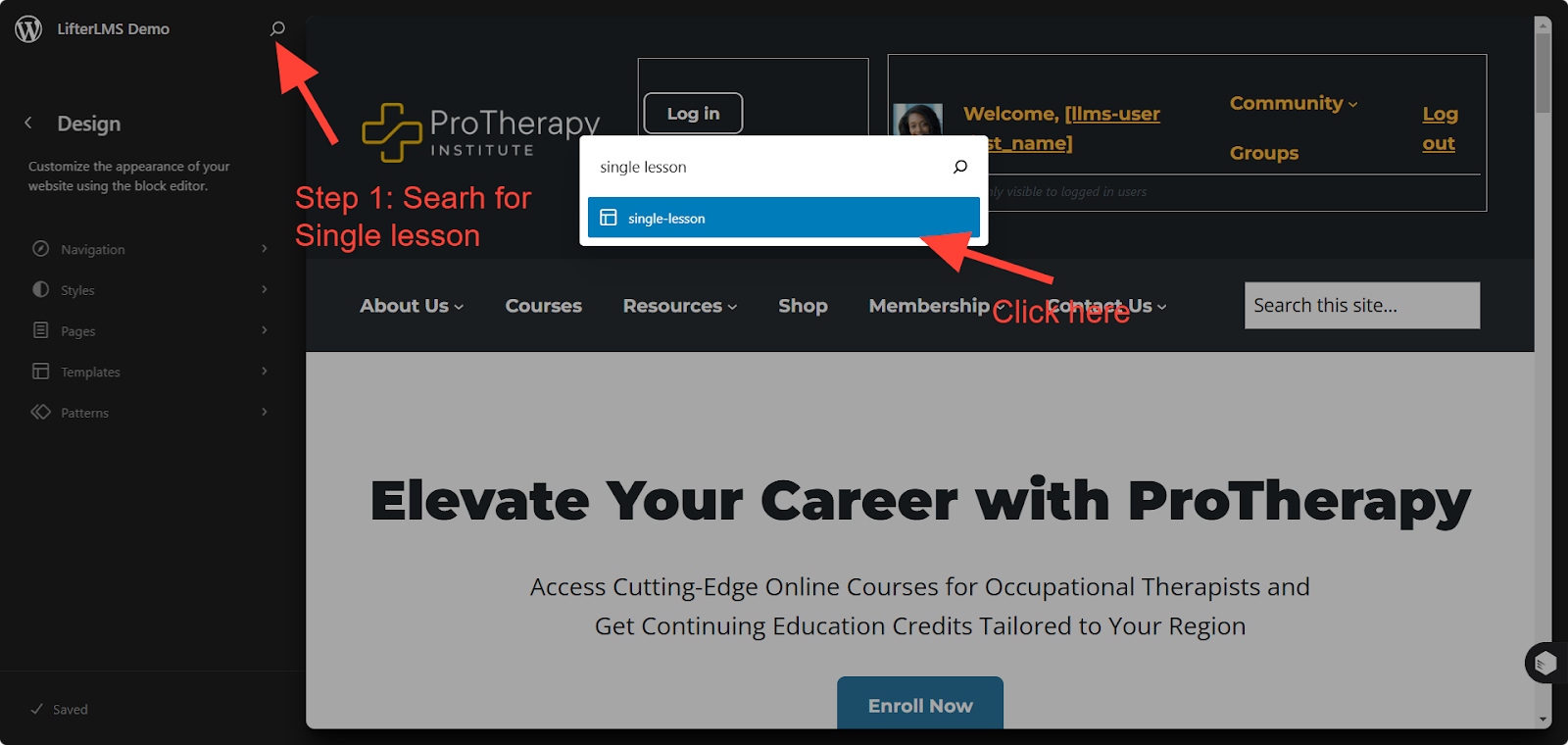 Image of opening LifterLMS template editor