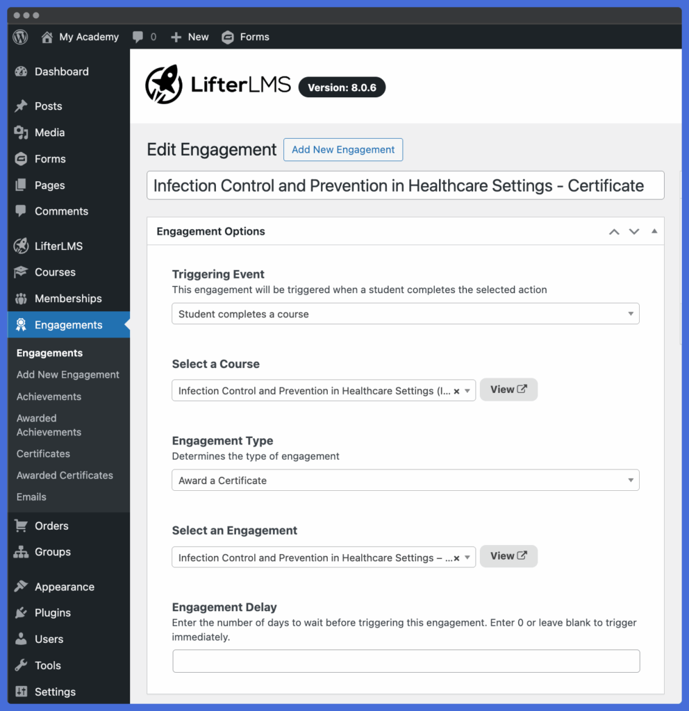 Automatic certificate generator: Create certification program online using LifterLMS engagements