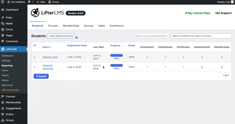LifterLMS reporting on certificates when you Create certification program online