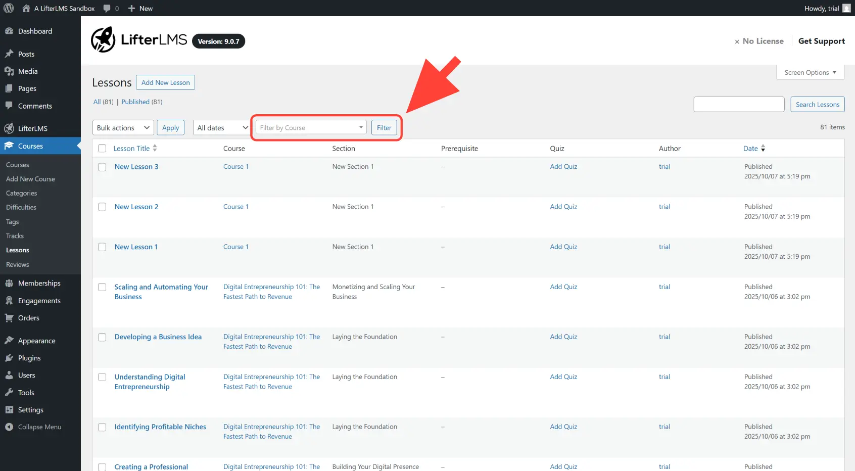 Course filter dropdown