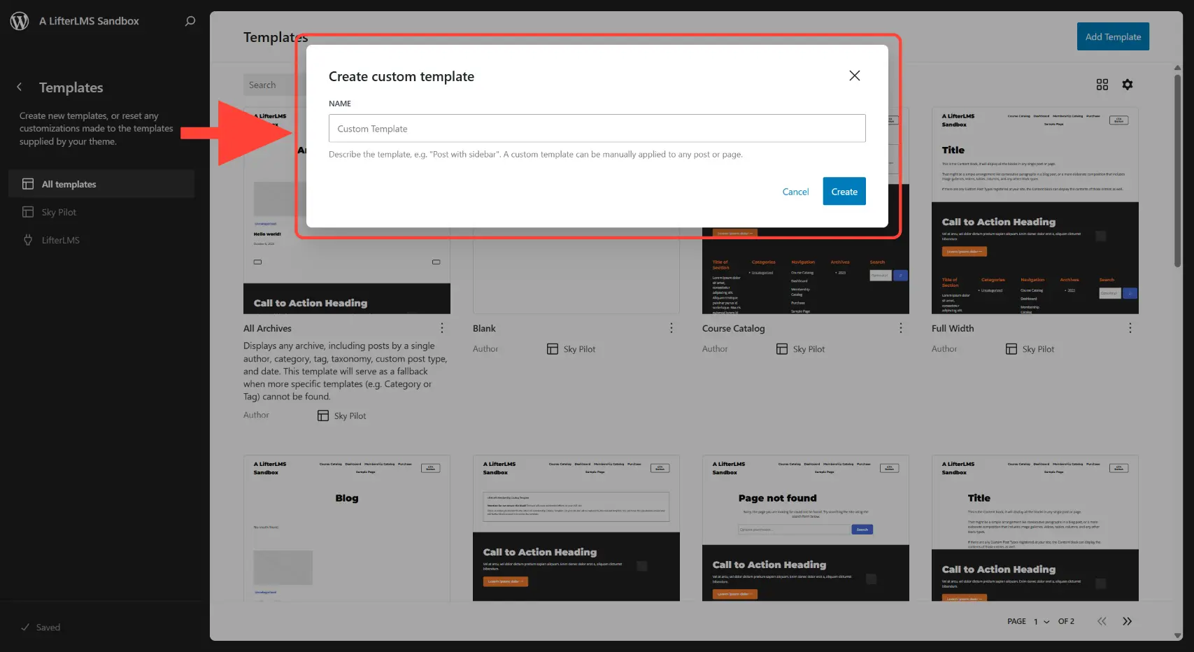 “Create custom template” pop up box that appears