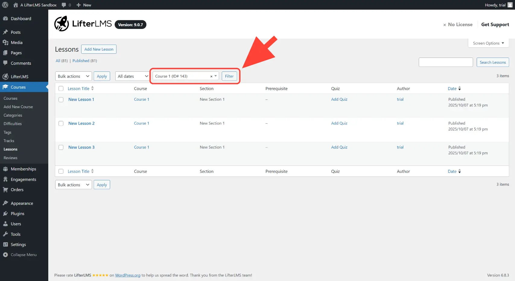 Filter the lessons by course