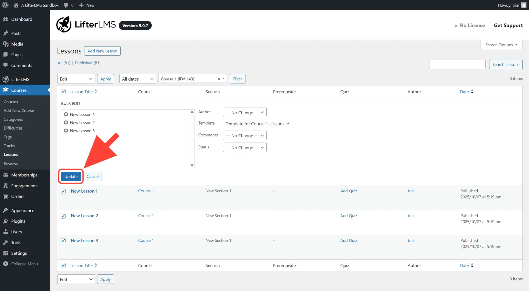 Save the changes by clicking on the Update button