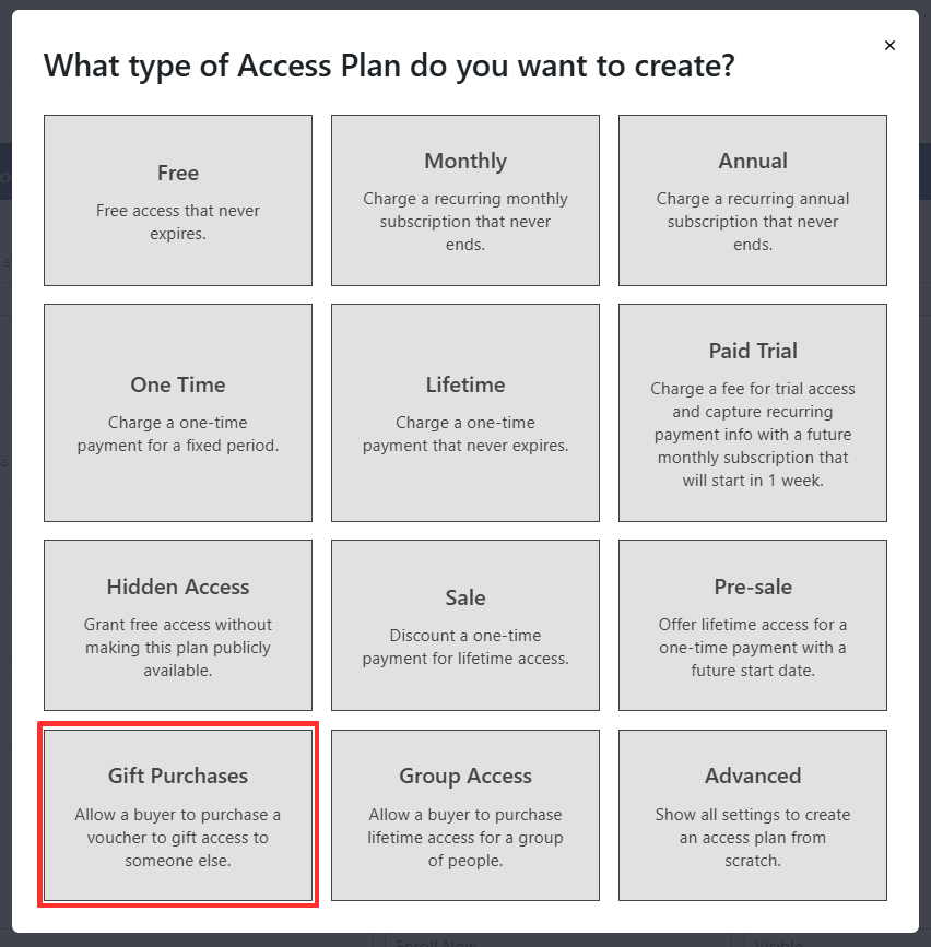 Create a Gift Access Plan