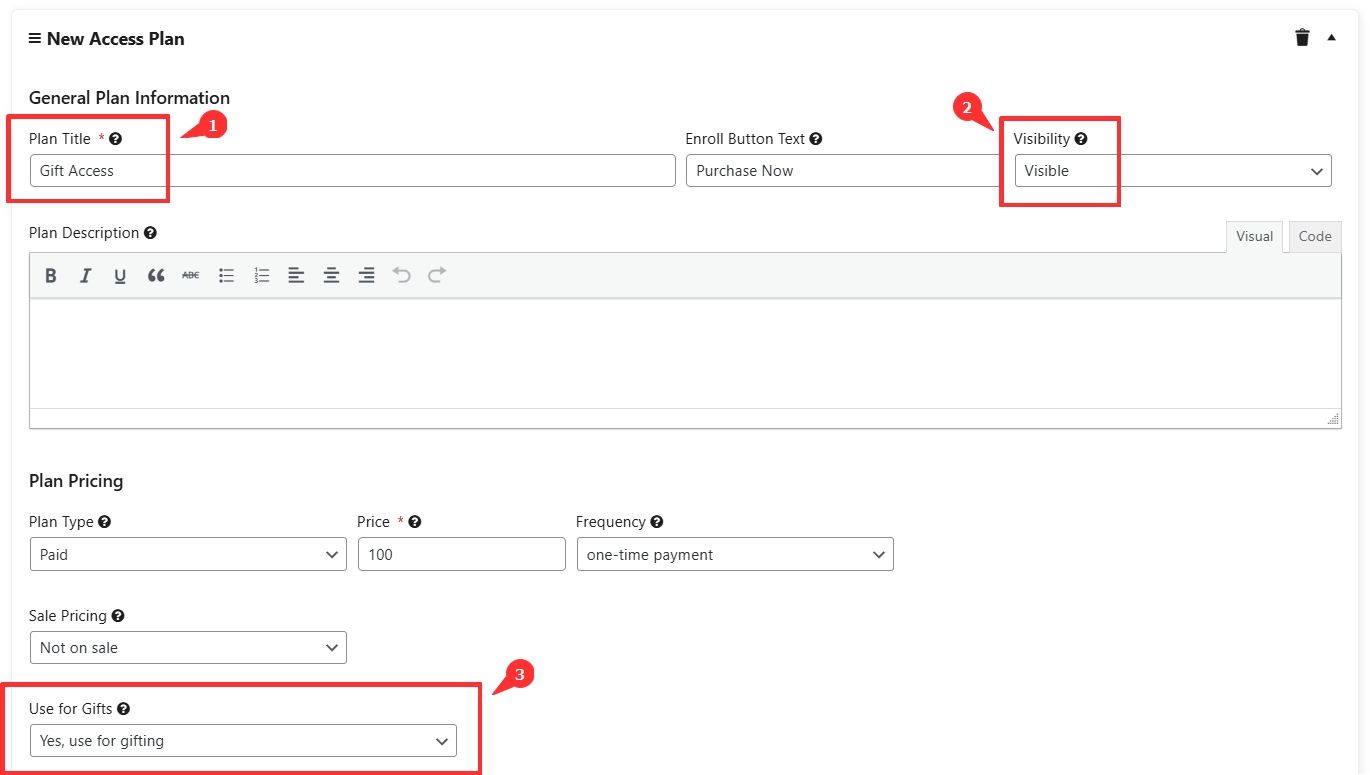 Gift Access Settings