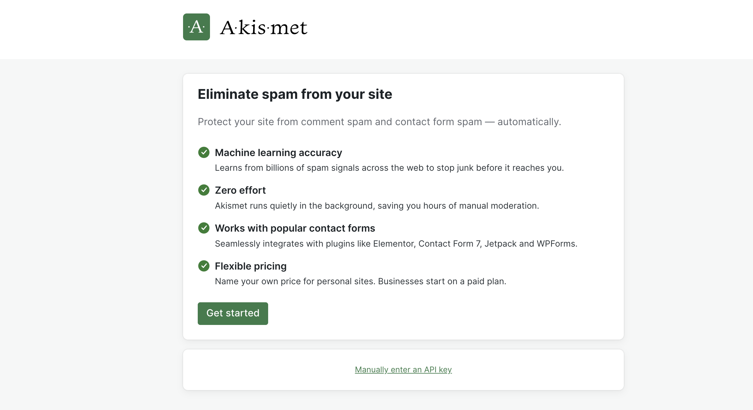 Screenshot of the Akismet plugin page in WordPress showing the “Activate Akismet” setup panel with options for enabling spam protection.