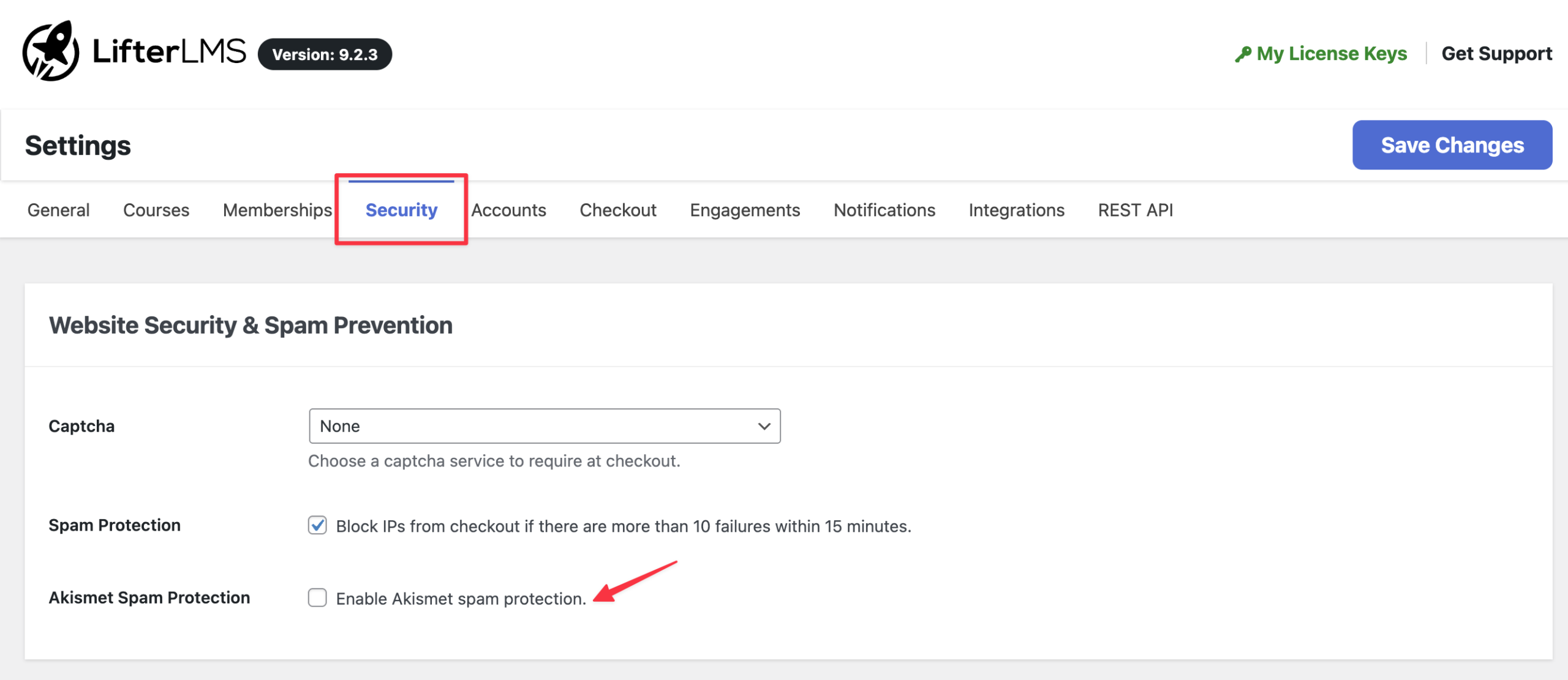 Screenshot of the LifterLMS settings page in WordPress with the “Security” tab open and the “Enable Akismet spam protection” option checked.